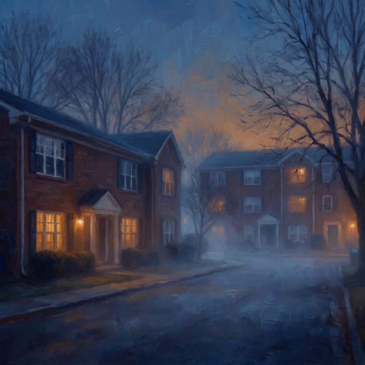A quiet residential neighborhood at dusk, warm windows glowing, painted in soft impressionist light